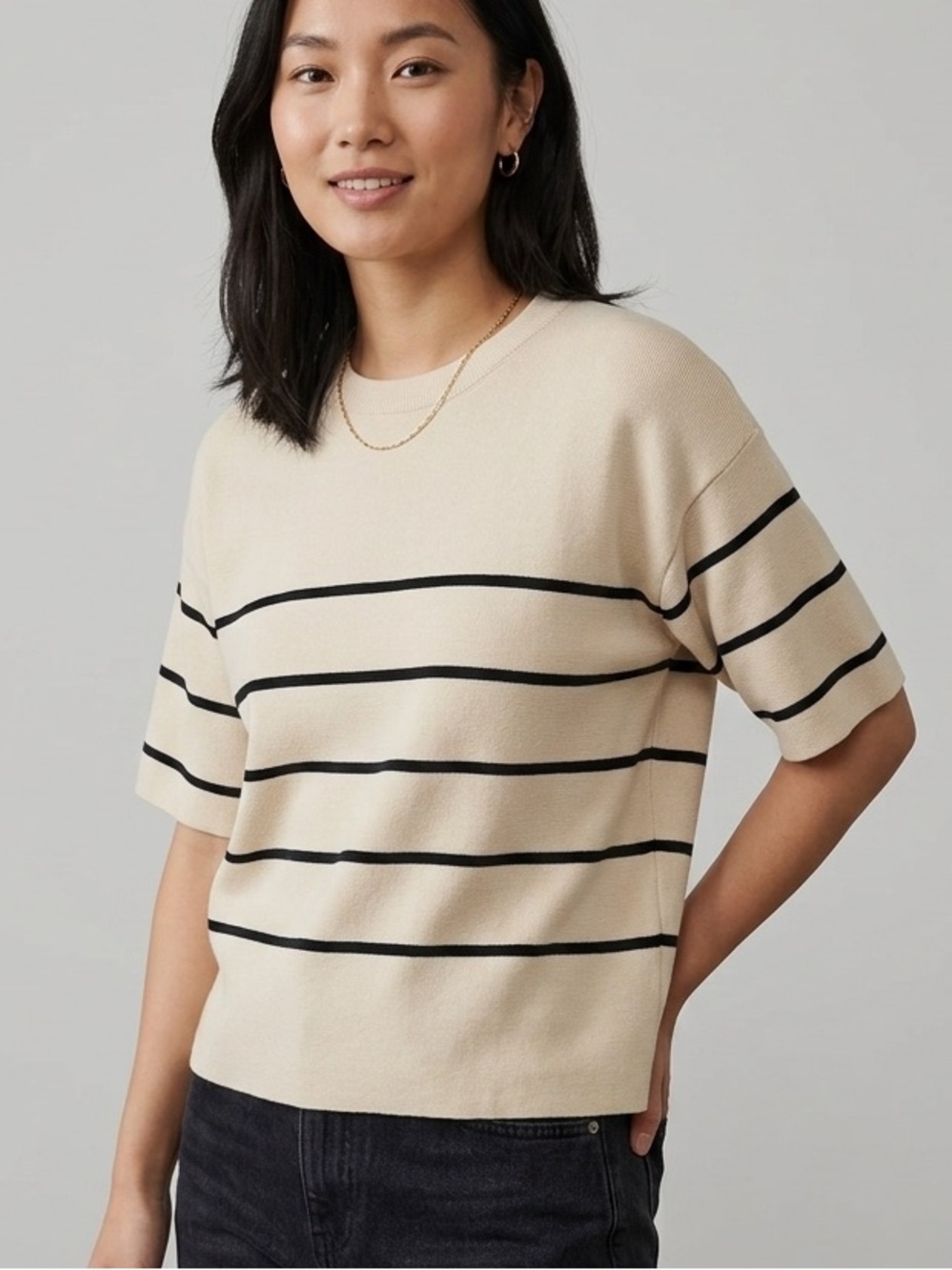 Selected Femme Sz S Cotton Strip Cream Nautical Boxy Short Sleeves Sweater
